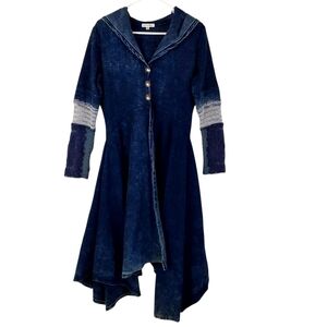 Adore Navy Blue Hooded Long Coat with Button Front
